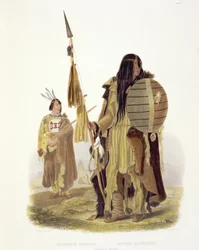 Assiniboin indiánok, 32. tábla az "Utazások Észak-Amerika belsejében, 1832-34" 2. kötetéből, metszette Charles Geoffroy (1819-82) 1844 (akvatinta)